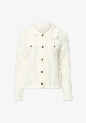 Weißer strukturierter Cardigan mit Kragen, Druckknopfverschluss und zwei Brusttaschen. Verfügt über spiralförmige Knöpfe in Goldoptik. Weicher, gestrickter Stoff.