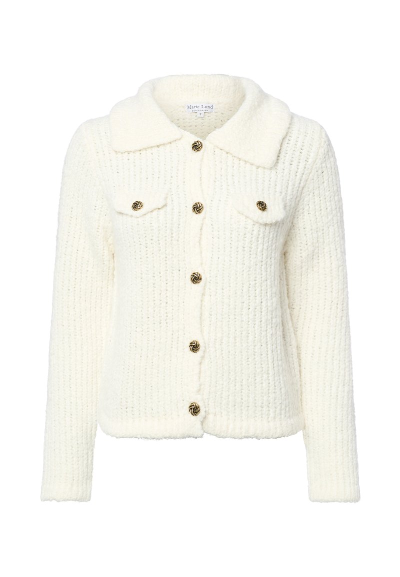 Weißer strukturierter Cardigan mit Kragen, Druckknopfverschluss und zwei Brusttaschen. Verfügt über spiralförmige Knöpfe in Goldoptik. Weicher, gestrickter Stoff.