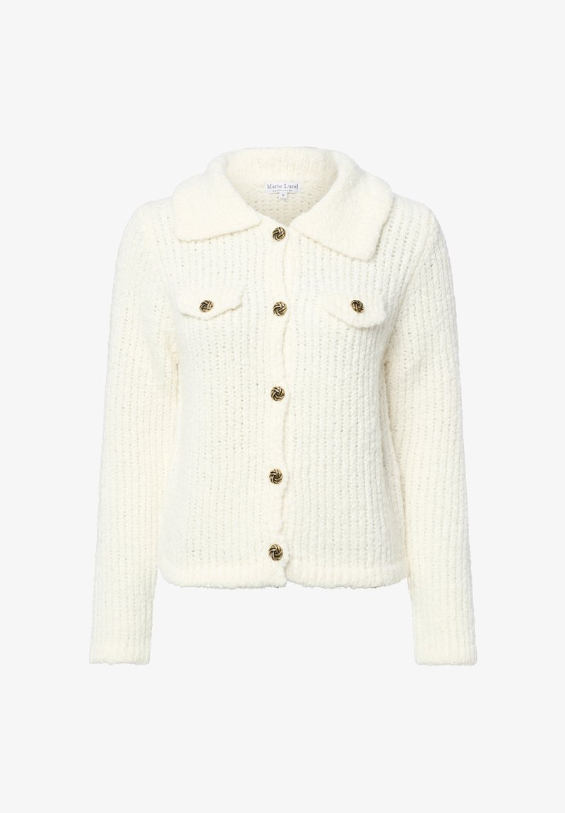 Weißer strukturierter Cardigan mit Kragen, Druckknopfverschluss und zwei Brusttaschen. Verfügt über spiralförmige Knöpfe in Goldoptik. Weicher, gestrickter Stoff.