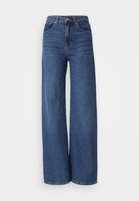 High-waisted, wide-leg jeans in dark blue denim. Features five pockets, belt loops, and a faded texture with contrasting stitching.