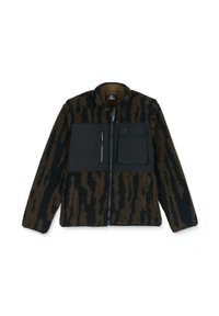 Ruskea ja musta kuviollinen fleece-takki, jossa on vetoketjukiinnitys, kaksi rintataskua ja pyöreä kaulus. Koko takin materiaalissa on tekstuuria.