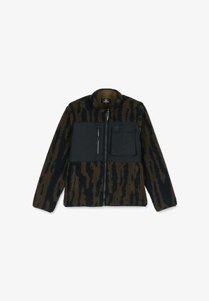 Brown and black patterned fleece jacket with a zip front, two chest pockets, and a round collar. Textured material throughout.