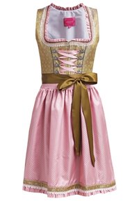 Robe traditionnelle avec un corsage beige featuring un laçage en ruban rose, une jupe rose à pois blancs, et un nœud marron noué à la taille.