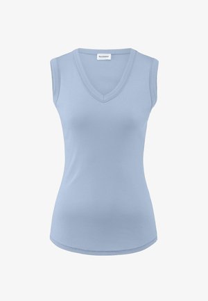 Hellblaues ärmelloses Oberteil mit V-Ausschnitt, aus weichem Stoff gefertigt, mit tailliertem Schnitt und glatter Textur sowie abgerundetem Saum.