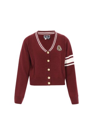 Cardigan rosso corto con design a treccia, scollatura a V, bottoni dorati e accenti a strisce bianche sulle maniche. Presenta un ricamo.