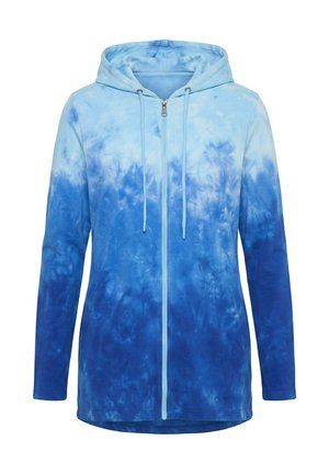 Langärmliger Hoodie mit Reißverschluss, Kapuze und Kordeln, mit einem blau-hellblauen Batikmuster, das von oben nach unten verblasst.