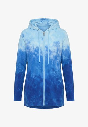 Long-sleeve zip-up hoodie with hood and drawstrings, featuring a blue and light blue tie-dye pattern fading from top to bottom.