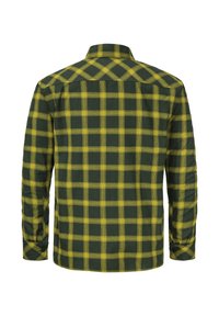 Grünes und gelbes kariertes Flanellhemd mit langen Ärmeln, Kragen und geknöpften Manschetten; hat einen kastigen Schnitt und eine weiche Textur.