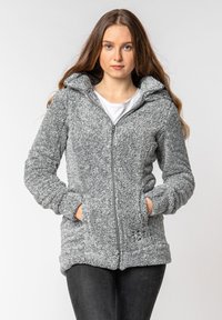 Gray, fuzzy zip-up hoodie with a high collar and two front pockets. Features a soft texture and fitted sleeves.