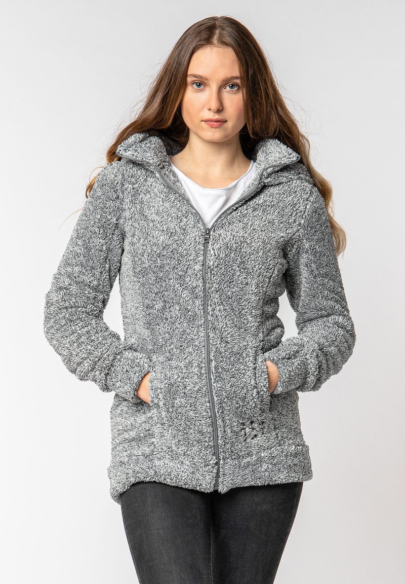 Gray, fuzzy zip-up hoodie with a high collar and two front pockets. Features a soft texture and fitted sleeves.