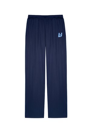 Navyblaue, leichte Jogginghosen mit einem elastischen Bund und einem hellblauen Logoakzent am linken Bein. Glatte Stofftextur.