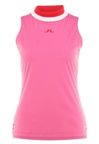 Růžový sportovní top bez rukávů s vysokým červeným žebernatým límcem a bílým akcentem. Hladká látka, na přední straně červené logo a detaily po stranách.