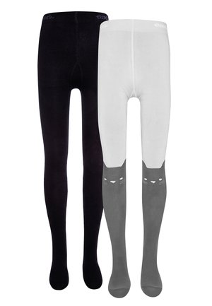 Schwarzes und weißes Strumpfhosen-Set. Besteht aus festem schwarzen Stoff und weißen Strumpfhosen mit einem grauen Katzenkopf-Druck am Unterschenkel. Weiche Textur.