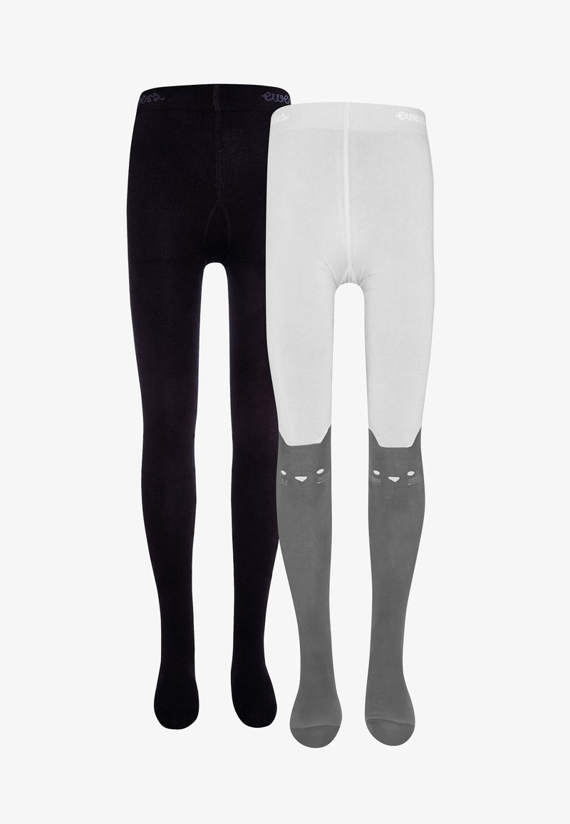 Czarny i biały zestaw rajstop. Charakteryzuje się jednolitym czarnym materiałem oraz białymi rajstopami z nadrukiem szarej kociej twarzy na dolnej części nogi. Miękka tekstura.