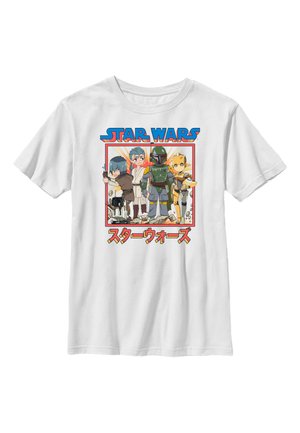 T-shirt blanc avec un imprimé graphique représentant des personnages animés de Star Wars. Le texte est en bleu et rouge, avec une écriture asiatique en dessous.