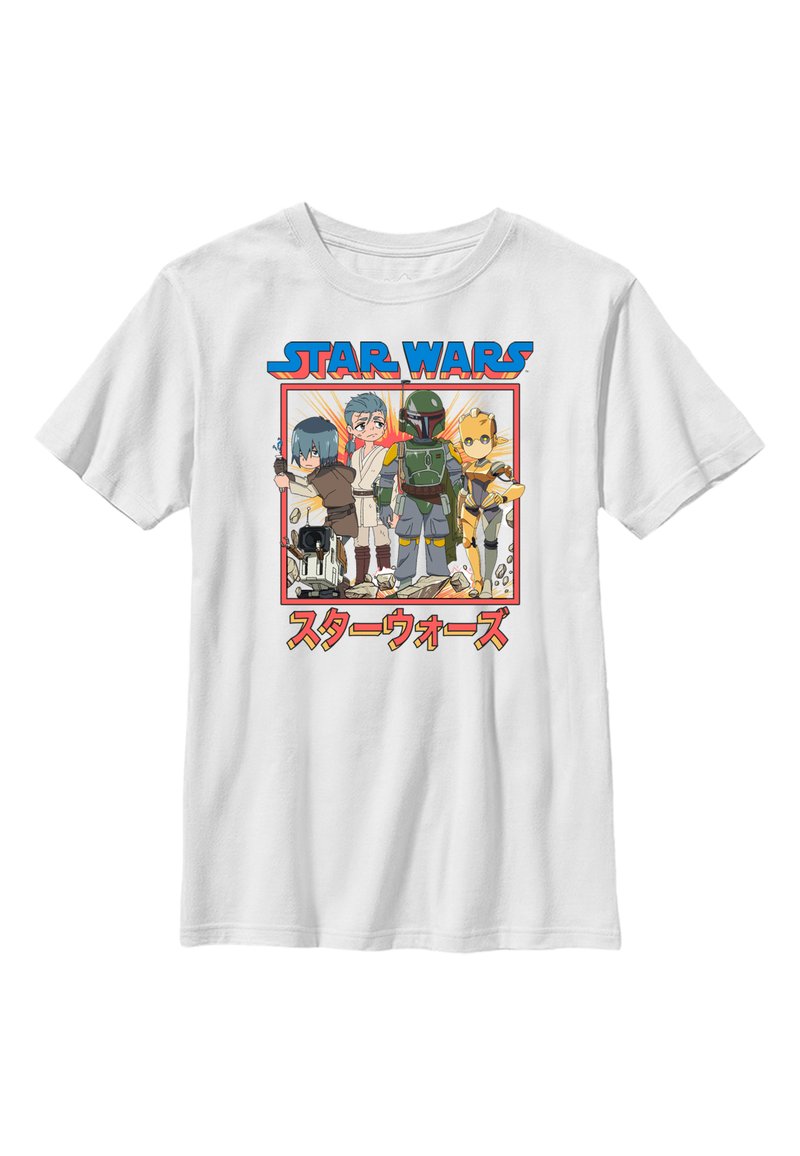 Hvid t-shirt med et grafisk print af animerede karakterer fra Star Wars. Teksten er i blå og rød, med asiatisk skrift nedenfor.
