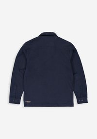 Hemd in Marineblau mit langen Ärmeln, Kragen, geknöpften Manschetten und einer glatten Textur. Verfügt über eine Rückenpasse und ein kleines Logo am Saum.