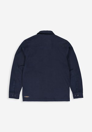 Navy blue long-sleeve shirt with a collar, buttoned cuffs, and a smooth texture. Features a back yoke seam and a small logo at the hem.
