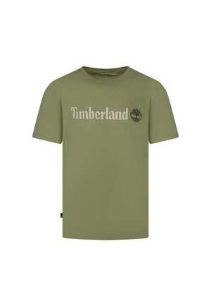 T-shirt à manches courtes vert olive avec le texte "Timberland" et le logo de l'arbre centrés sur la poitrine.