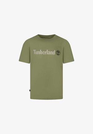 Maglietta a maniche corte verde oliva con scritta "Timberland" e logo ad albero centrati sul petto.