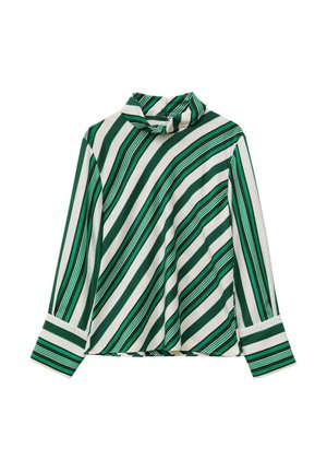 Blusa de cuello alto de manga larga con rayas diagonales en verde, negro y blanco y puños anchos.