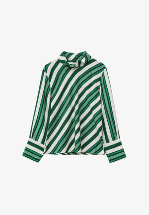 Long-sleeve turtleneck blouse with green, black, and white diagonal stripes and wide cuffs.