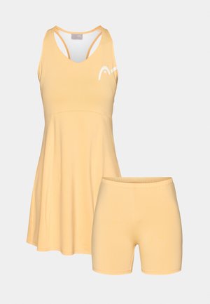 Rochie sport galbenă cu corset strâmt și fustă evazată, asortată cu pantaloni scurți galbeni. Confecționată dintr-un material moale și respirabil.