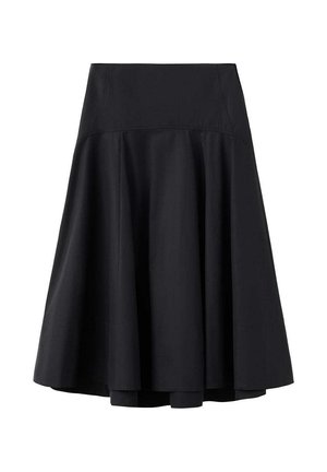 Schwarzer High-Waist A-Linien-Rock mit breitem Bund und ausgestelltem Saum aus glattem Stoff, vor weißem Hintergrund dargestellt.