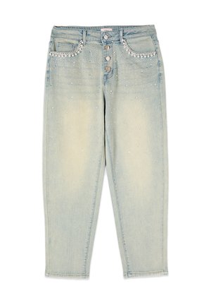 Jean en denim clair, taille haute, braguette à boutons, ornements en strass autour des poches et sur la partie supérieure avant.