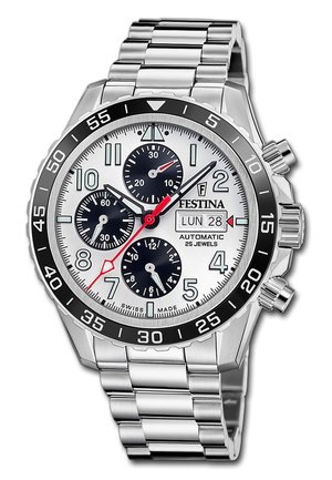 Silberne Festina-Chronograph-Uhr mit weißem Zifferblatt, schwarzen Hilfszifferblättern, Datumsanzeige, rotem Sekundenzeiger und Edelstahl-Gliederarmband.