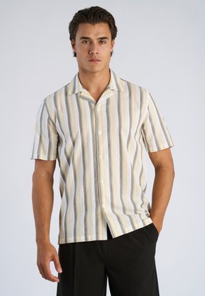 Korte mouw blouse met knopen, voorzien van verticale strepen in geel, grijs en wit, gemaakt van lichtgewicht stof met een comfortabele, losse pasvorm.