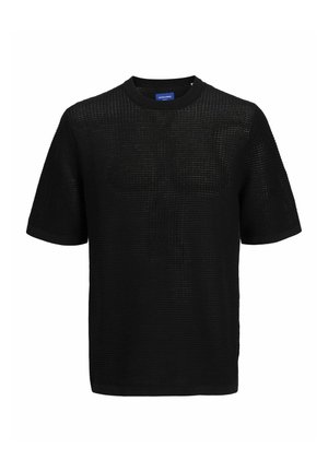 Must mustriga lühikeste varrukatega T-särk, mis on valmistatud tekstuurilisest, avatud kudumiga kangast. Omab ümmargust kaelust ja tugevaid musti ääreid varrukatel ning hemil.