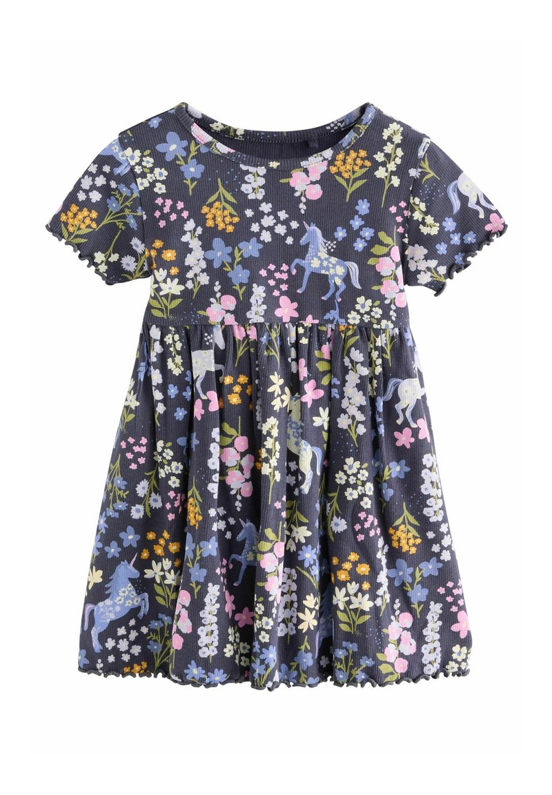 Robe bleu marine manches courtes pour tout-petit avec imprimé floral coloré et licorne, taille froncée, bordures festonnées aux manches et à l'ourlet.