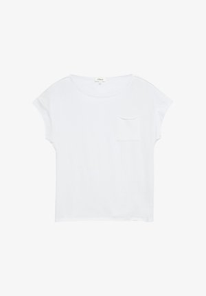 T-shirt blanc femme à manches courtes avec encolure ronde et petite poche poitrine, posé à plat sur un fond blanc.