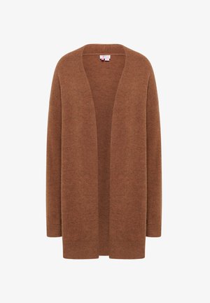 Hnedý, otvorený kardigán vyrobený z mäkkej pleteniny. Má dlhé rukávy a voľný strih. Bez zapínania alebo vzorov.