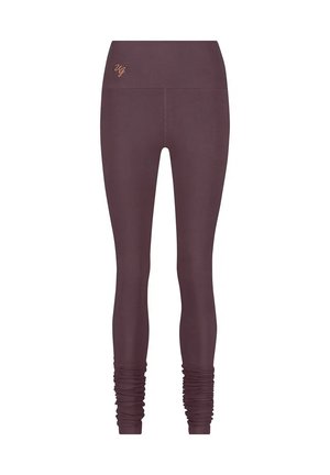 Bordeaux leggings dengan pinggang tinggi, detail pergelangan kaki yang berkerut, dan logo halus berwarna oranye di bagian depan. Kain yang halus dan elastis.