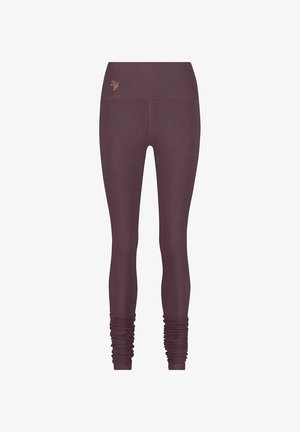 Bordeaux leggings dengan pinggang tinggi, detail pergelangan kaki yang berkerut, dan logo halus berwarna oranye di bagian depan. Kain yang halus dan elastis.