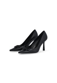 Escarpins noirs en cuir avec talons hauts, à bout pointu, texture lisse et détail de boucle décorative sur le devant. Design avec talons aiguilles.