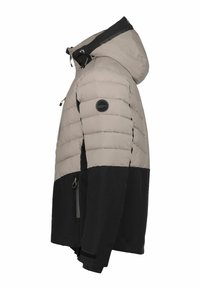 Giacca a vento imbottita in grigio chiaro e nero, con zip frontale, cappuccio regolabile e pannelli in tessuto testurizzato con logo.