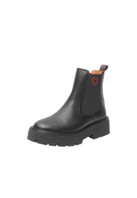 Stivale alla caviglia in pelle nera con pannelli laterali elasticizzati, suola in gomma spessa e un'etichetta sul tallone con un logo a forma di cuore rosso.