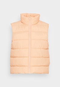 Brzoskwiniowa puchowa kamizelka z wysokim kołnierzem, pionowym pikowanym wzorem oraz przednim zamkiem błyskawicznym. Gładka tekstura i bezrękawnikowy styl.