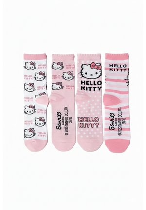Four pink and white Hello Kitty ankle socks with varied designs including faces, bows, stripes, polka dots, and "HELLO KITTY" text.
