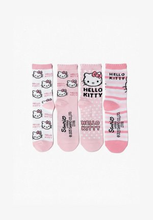 Four pink and white Hello Kitty ankle socks with varied designs including faces, bows, stripes, polka dots, and "HELLO KITTY" text.