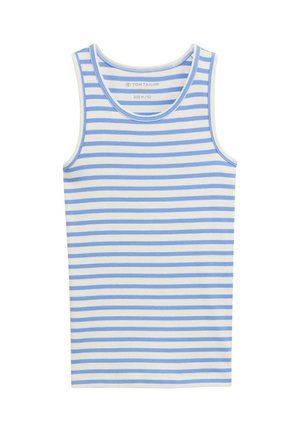 Gestreifter Tanktop in Hellblau und Weiß. Baumwollstoff, gerippte Textur, runder Halsausschnitt und breite Träger. Größe M.