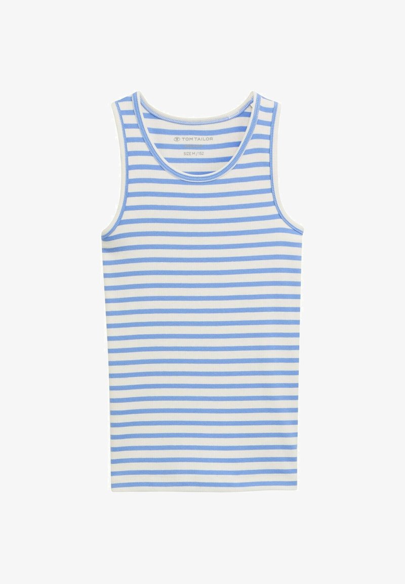 Gestreifter Tanktop in Hellblau und Weiß. Baumwollstoff, gerippte Textur, runder Halsausschnitt und breite Träger. Größe M.