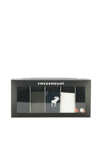 Five-pack of Swedemount men's underwear in black, gray, navy with white moose, white, and black with orange design, size medium, in black box.