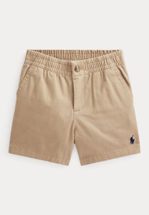 Helle Baumwollshorts mit elastischem Bund und Knopfverschluss, seitlichen Taschen und einem kleinen marineblauen Logo unten links.
