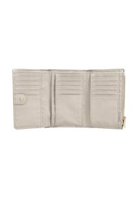 Portafoglio beige a tre pieghe aperto per mostrare diversi scomparti per carte, una tasca con bottone a scatto e un compartimento con zip con tirante dorato sul lato destro.