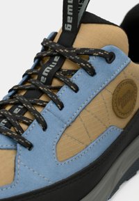 Sapatilha castanha e azul claro com um upper de tecido texturizado, atacadores pretos e sola de borracha texturizada. Apresenta um logótipo circular lateral.