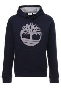 Sudadera azul marino de mezcla de algodón, con un gran logo de árbol gris en la parte frontal, bolsillo tipo canguro y puños y dobladillo acanalados.